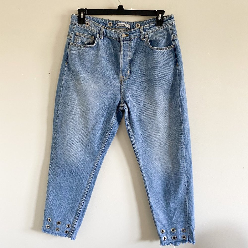 Zara High-Waist Straight Leg Grommet Jeans Size 10 Blue Frayed Hem